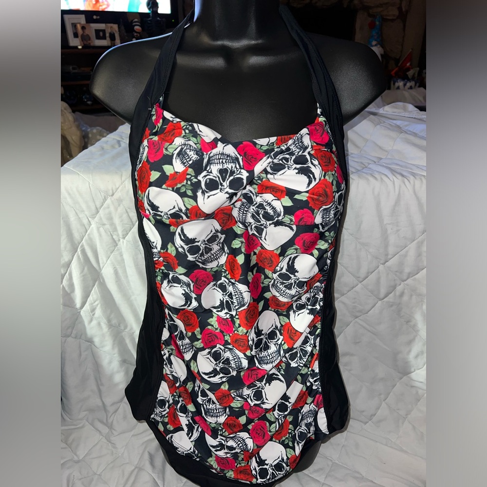 Pin Up Angel Strappy One Piece Swimsuit Skull Halter High Waist Swimwear